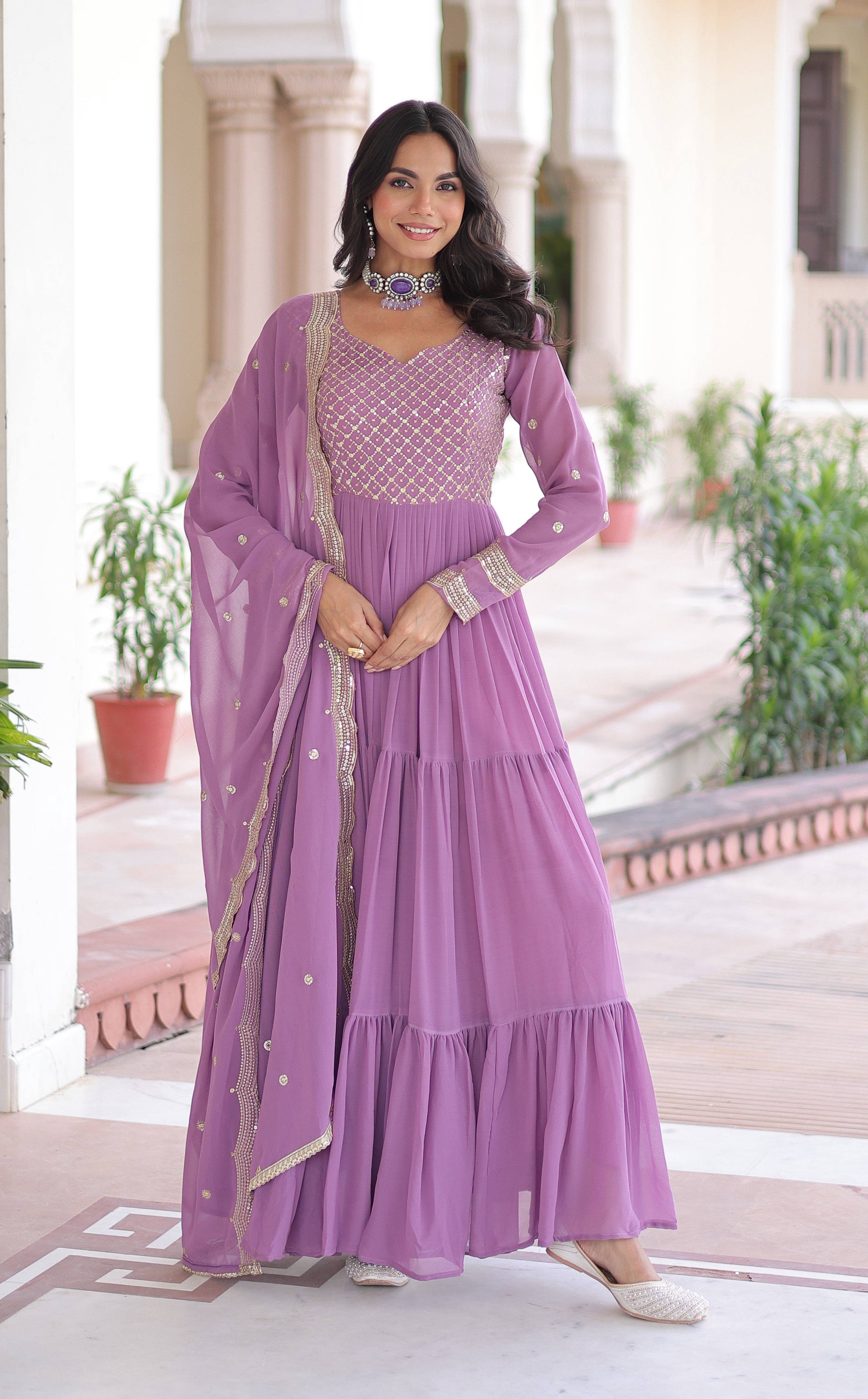 Vedant Vastram Georgette Embroidery & Sequence Work Stitched Ethnic Gown-Purple