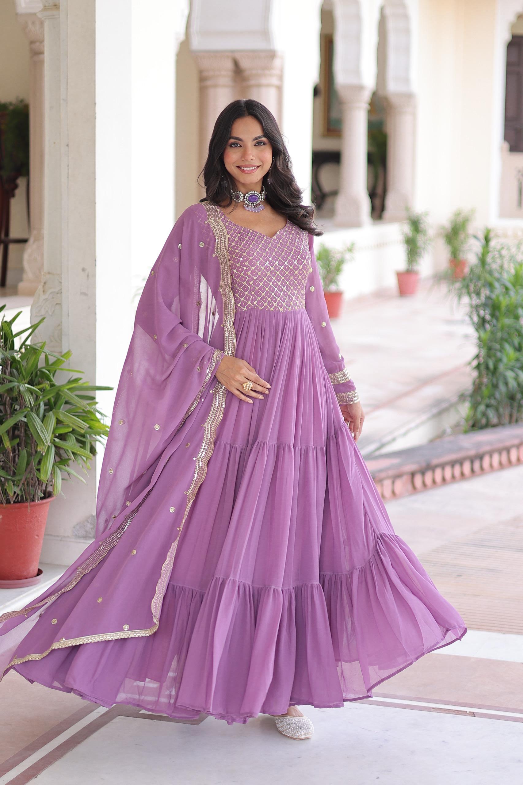 Prazu Fashion Onion Pink Faux Georgette With Sequins & Zari Embroidered Gown With Dupatta - Distacart