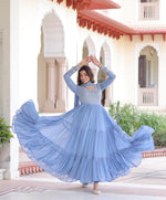 Thumbnail for Prazu Fashion Sky Blue Faux Georgette With Sequins & Zari Embroidered Gown With Dupatta - Distacart