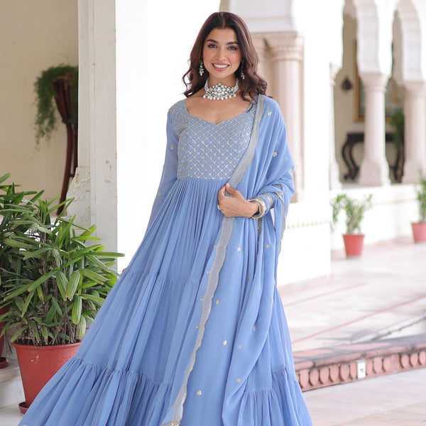 Prazu Fashion Sky Blue Faux Georgette With Sequins & Zari Embroidered Gown With Dupatta - Distacart