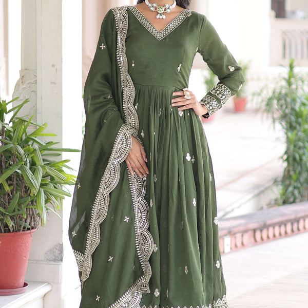 Vedant Vastram Vichitra Silk Embroidery & Sequence Work Stitched Ethnic Gown-Green