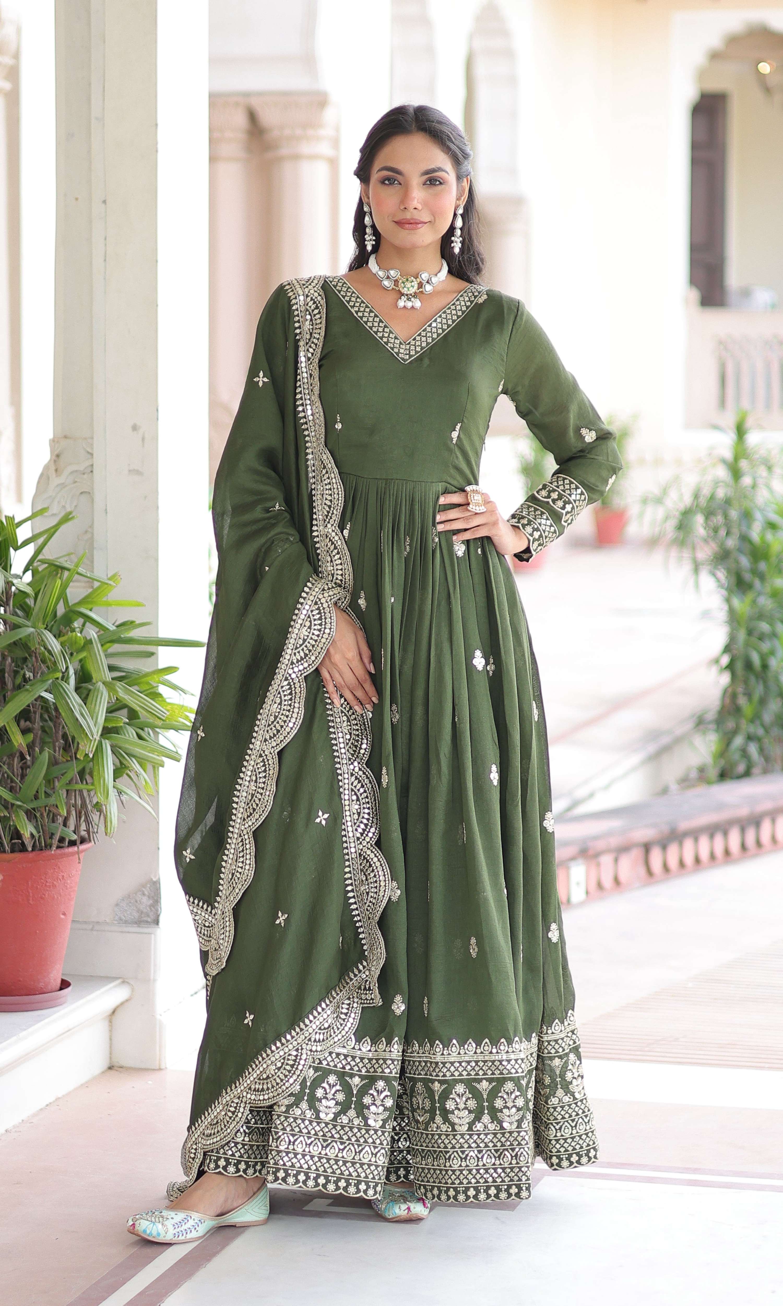 Vedant Vastram Vichitra Silk Embroidery & Sequence Work Stitched Ethnic Gown-Green