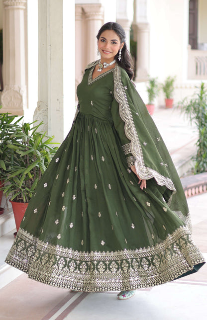 Vedant Vastram Vichitra Silk Embroidery & Sequence Work Stitched Ethnic Gown-Green - Distacart