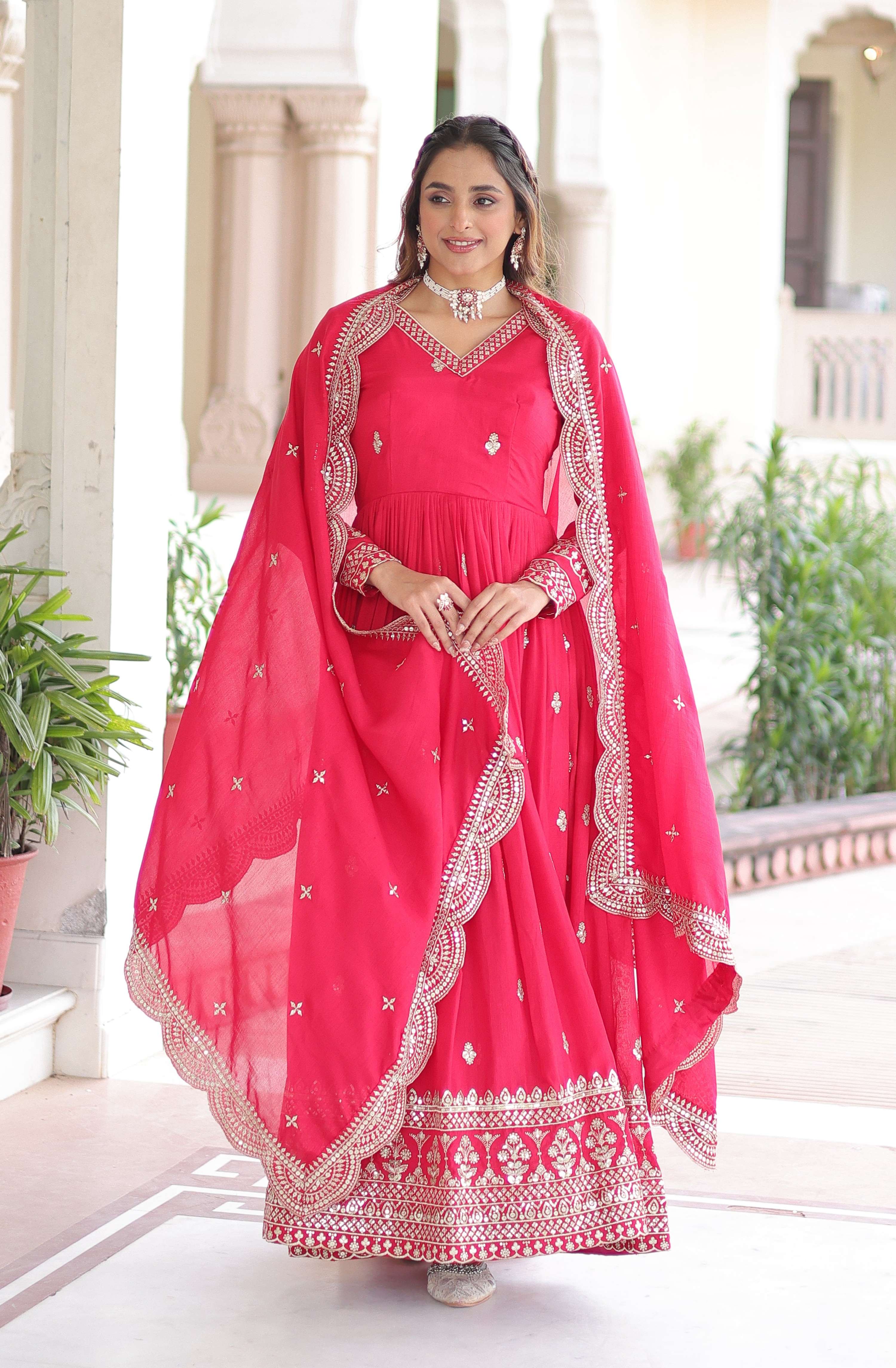 Vedant Vastram Vichitra Silk Embroidery & Sequence Work Stitched Ethnic Gown-Pink - Distacart
