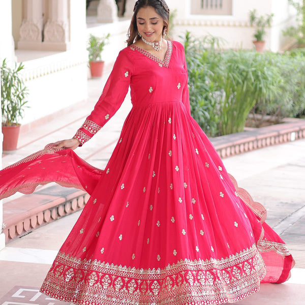 Vedant Vastram Vichitra Silk Embroidery & Sequence Work Stitched Ethnic Gown-Pink - Distacart