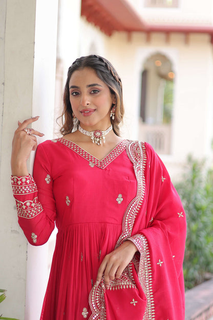 Vedant Vastram Vichitra Silk Embroidery & Sequence Work Stitched Ethnic Gown-Pink - Distacart