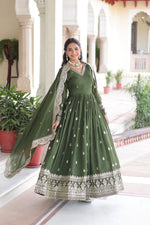 Thumbnail for Prazu Fashion Mehendi Vichitra Silk Rich Sequins & Zari Embroidered Gown With Dupatta - Distacart