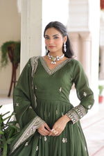 Thumbnail for Prazu Fashion Mehendi Vichitra Silk Rich Sequins & Zari Embroidered Gown With Dupatta - Distacart
