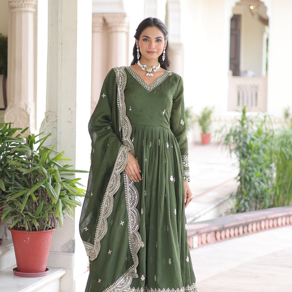 Prazu Fashion Mehendi Vichitra Silk Rich Sequins & Zari Embroidered Gown With Dupatta - Distacart