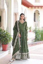 Thumbnail for Prazu Fashion Mehendi Vichitra Silk Rich Sequins & Zari Embroidered Gown With Dupatta - Distacart