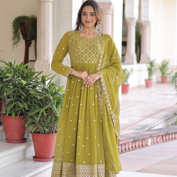 Lehenga Mart Premium Readymade Gown With Dupatta Set For Women-Mehendi Green - Distacart