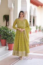 Thumbnail for Lehenga Mart Premium Readymade Gown With Dupatta Set For Women-Mehendi Green - Distacart