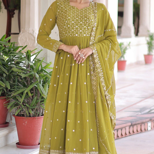 Vedant Vastram Georgette Embroidery & Sequence Work Stitched Ethnic Gown-Parrot Green