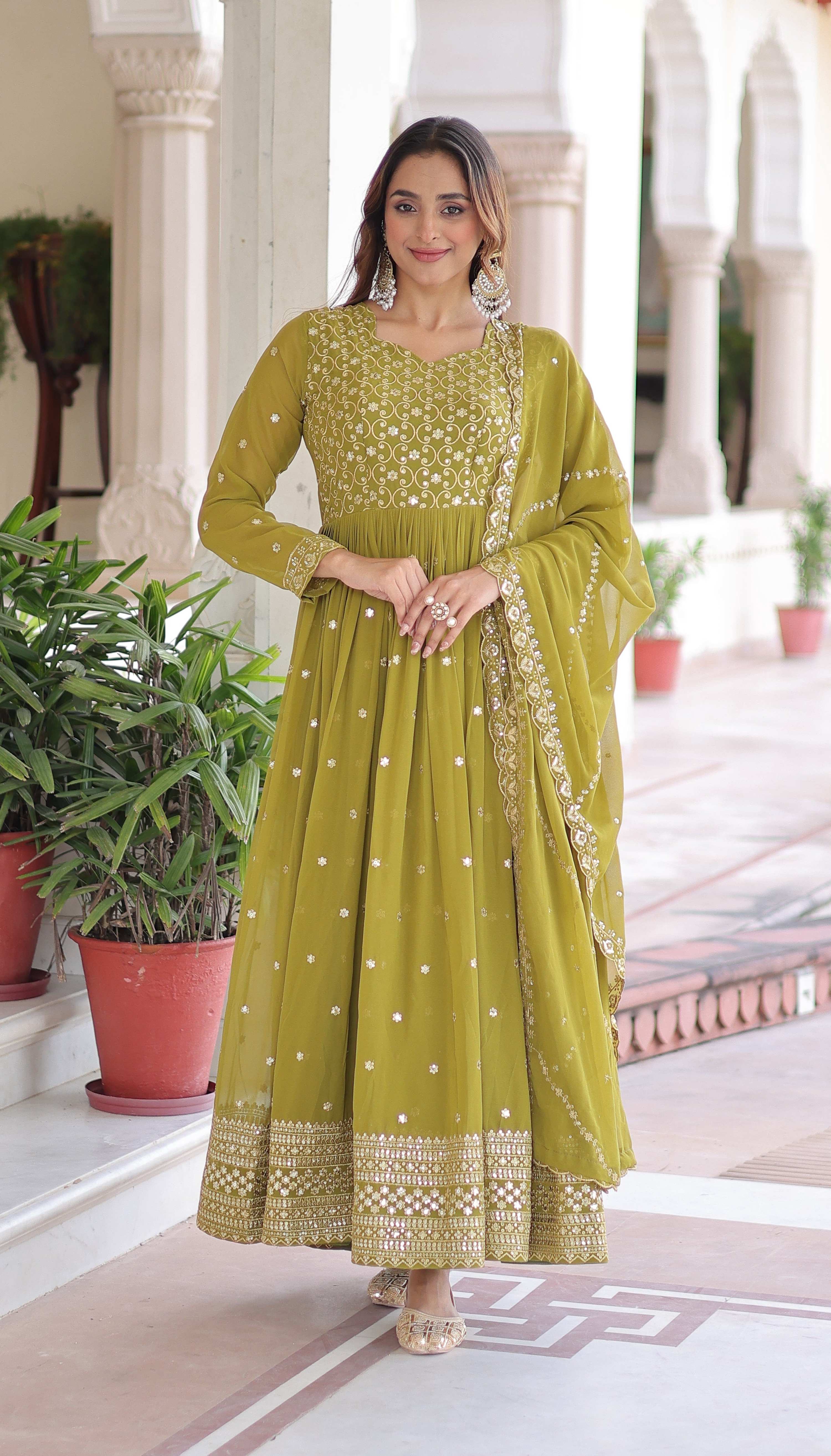 Vedant Vastram Georgette Embroidery & Sequence Work Stitched Ethnic Gown-Parrot Green