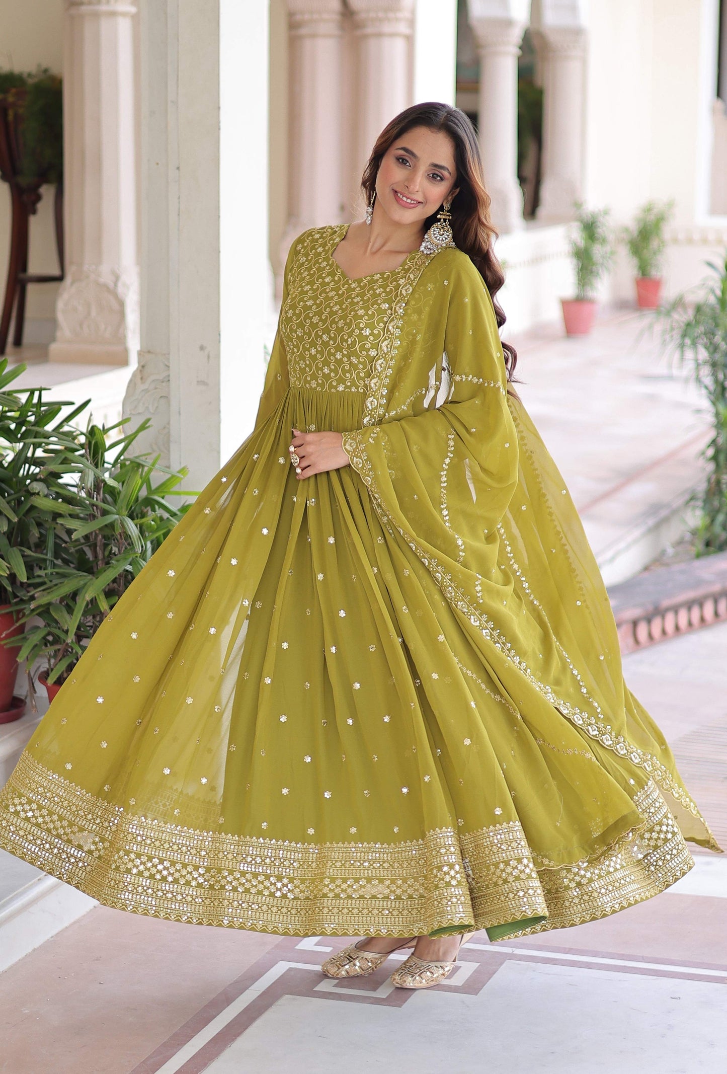 Vedant Vastram Georgette Embroidery & Sequence Work Stitched Ethnic Gown-Parrot Green - Distacart
