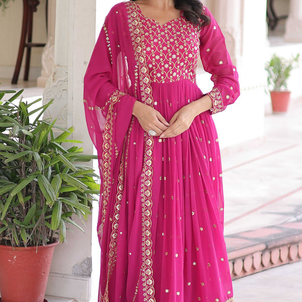 Vedant Vastram Georgette Embroidery & Sequence Work Stitched Ethnic Gown-Pink