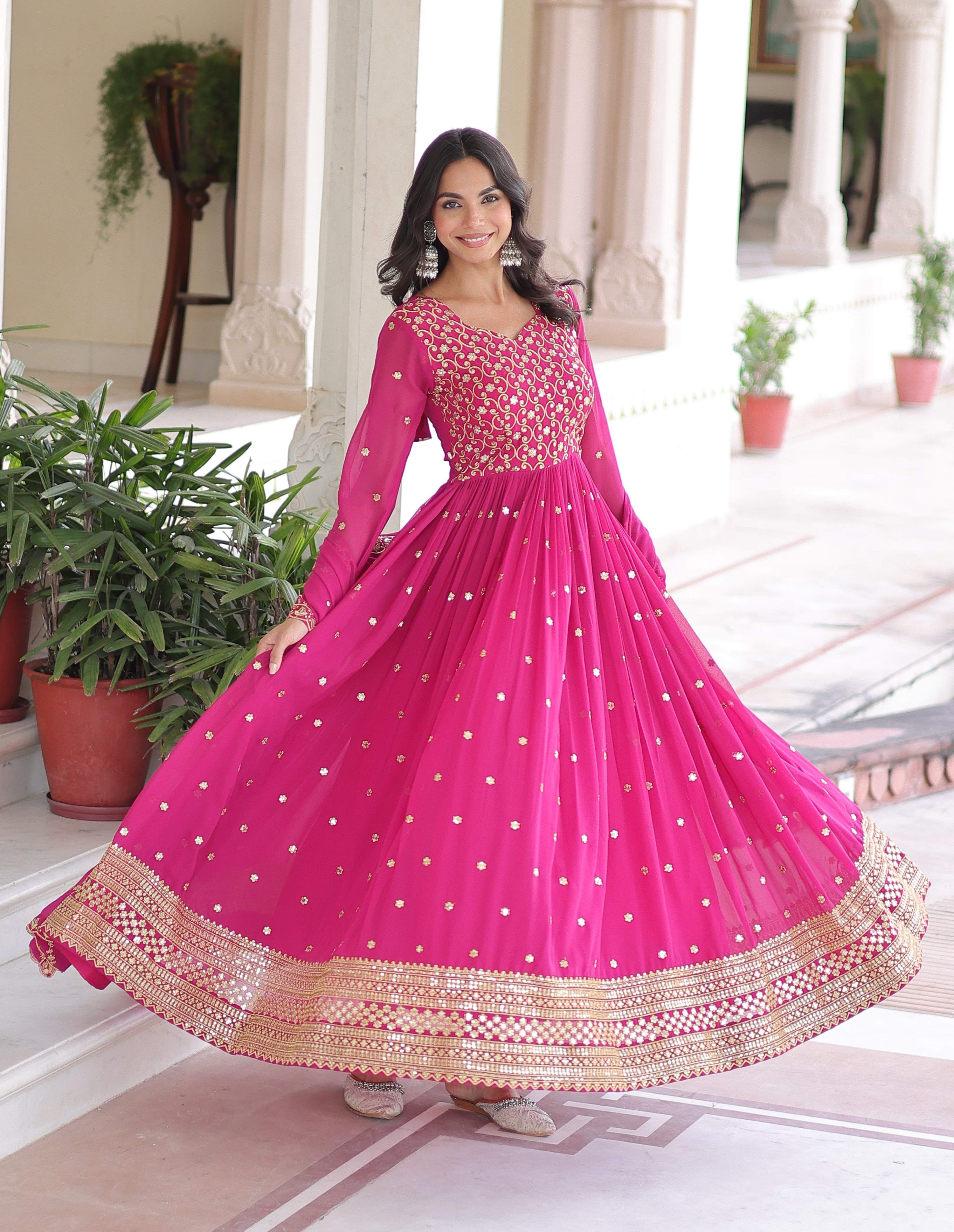 Vedant Vastram Georgette Embroidery & Sequence Work Stitched Ethnic Gown-Pink