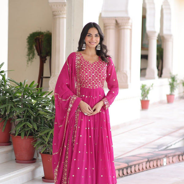 Lehenga Mart Premium Readymade Gown With Dupatta Set For Women-Rani Pink - Distacart