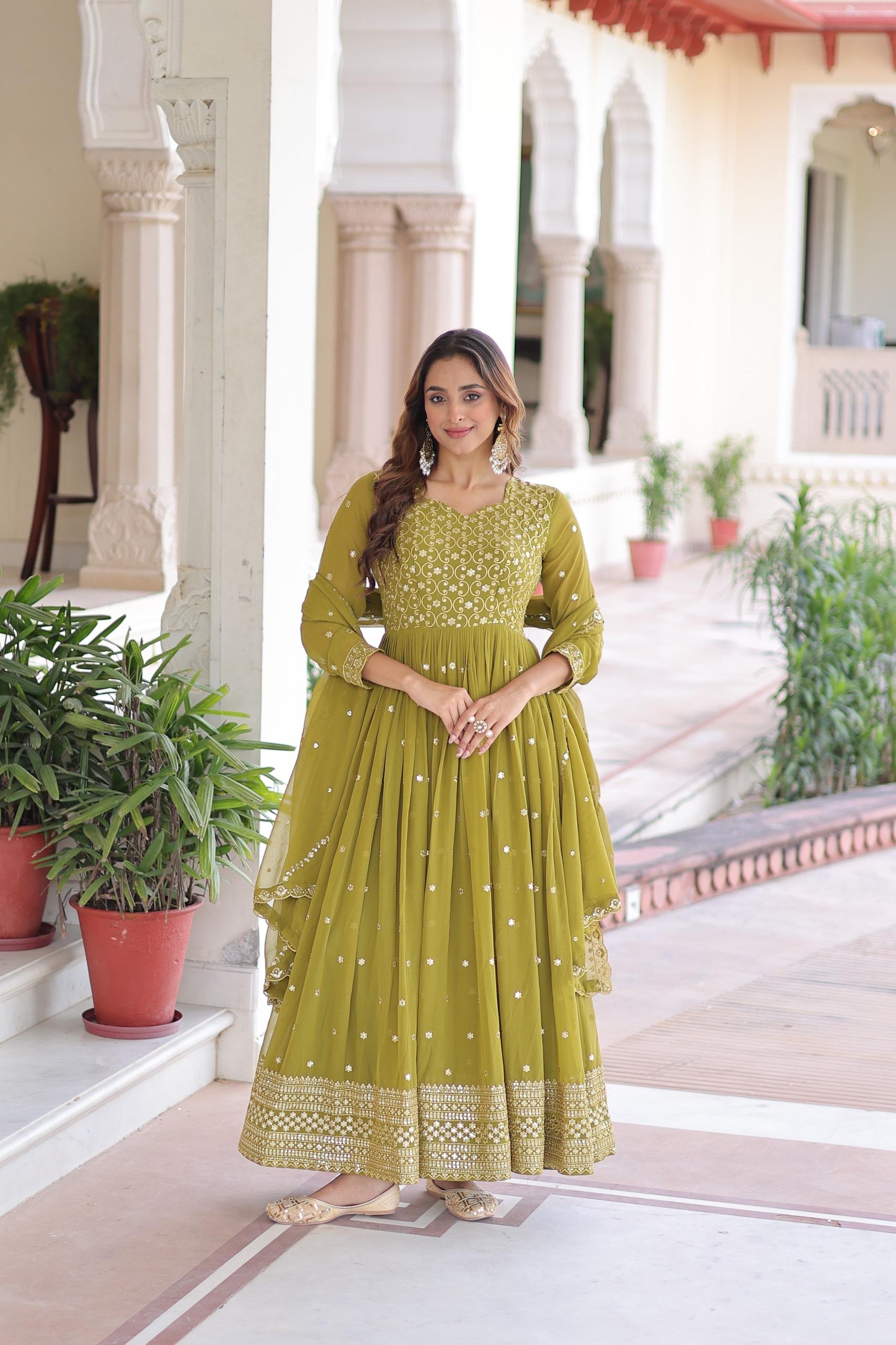 Prazu Fashion Mahendi Green Georgette Rich Sequins & Zari Embroidered Gown With Dupatta - Distacart