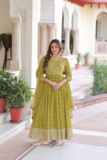 Thumbnail for Prazu Fashion Mahendi Green Georgette Rich Sequins & Zari Embroidered Gown With Dupatta - Distacart