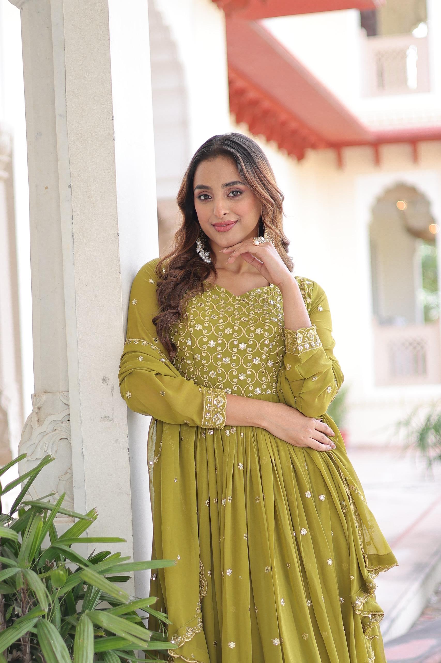 Prazu Fashion Mahendi Green Georgette Rich Sequins & Zari Embroidered Gown With Dupatta - Distacart