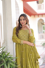 Thumbnail for Prazu Fashion Mahendi Green Georgette Rich Sequins & Zari Embroidered Gown With Dupatta - Distacart