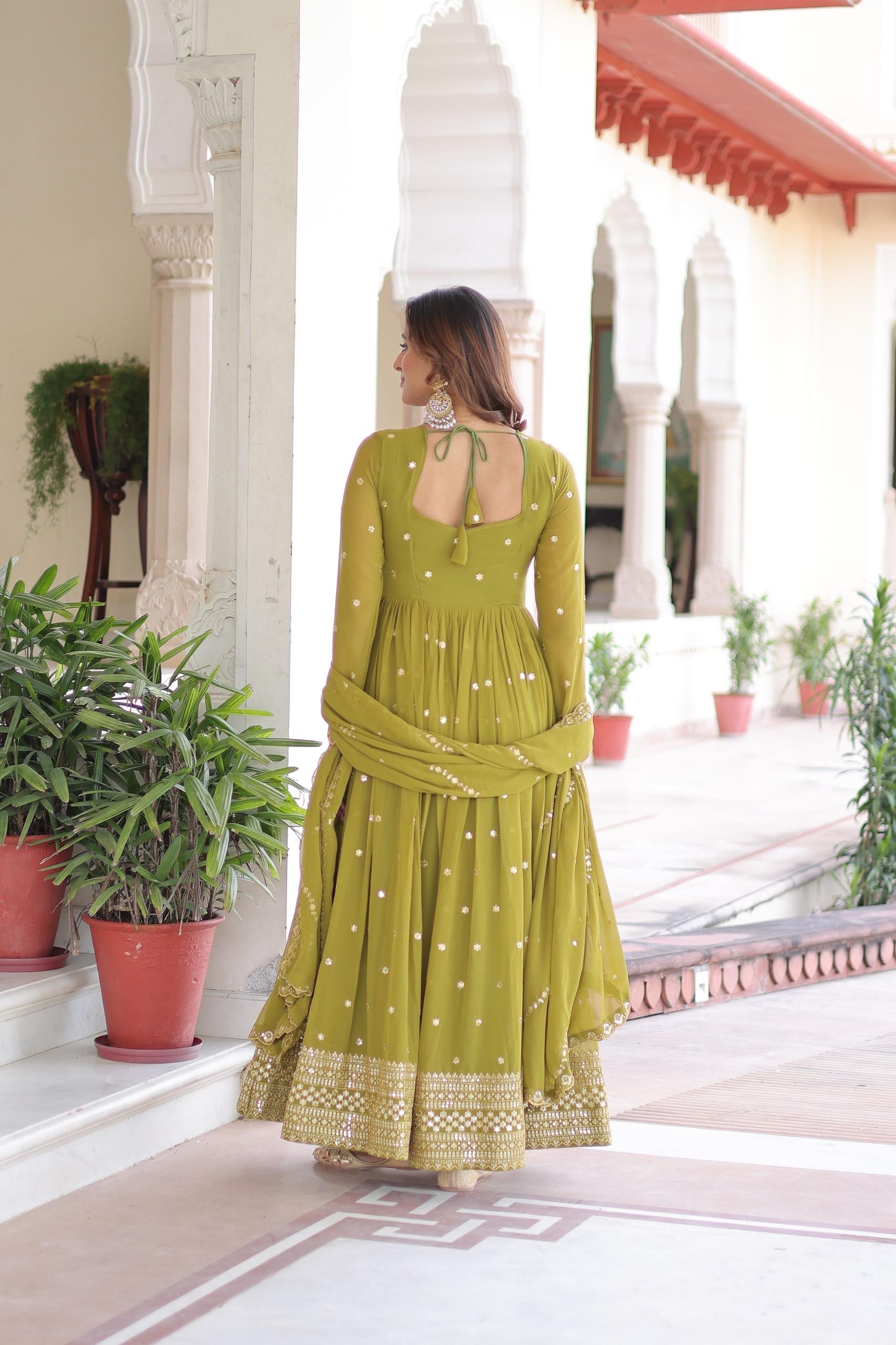 Prazu Fashion Mahendi Green Georgette Rich Sequins & Zari Embroidered Gown With Dupatta - Distacart
