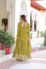 Thumbnail for Prazu Fashion Mahendi Green Georgette Rich Sequins & Zari Embroidered Gown With Dupatta - Distacart