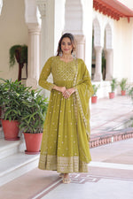 Thumbnail for Prazu Fashion Mahendi Green Georgette Rich Sequins & Zari Embroidered Gown With Dupatta - Distacart