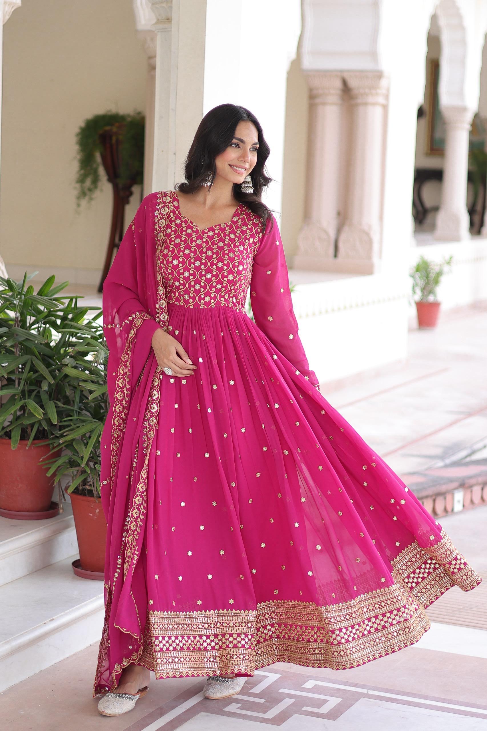 Prazu Fashion Rani Pink Georgette Rich Sequins & Zari Embroidered Gown With Dupatta - Distacart