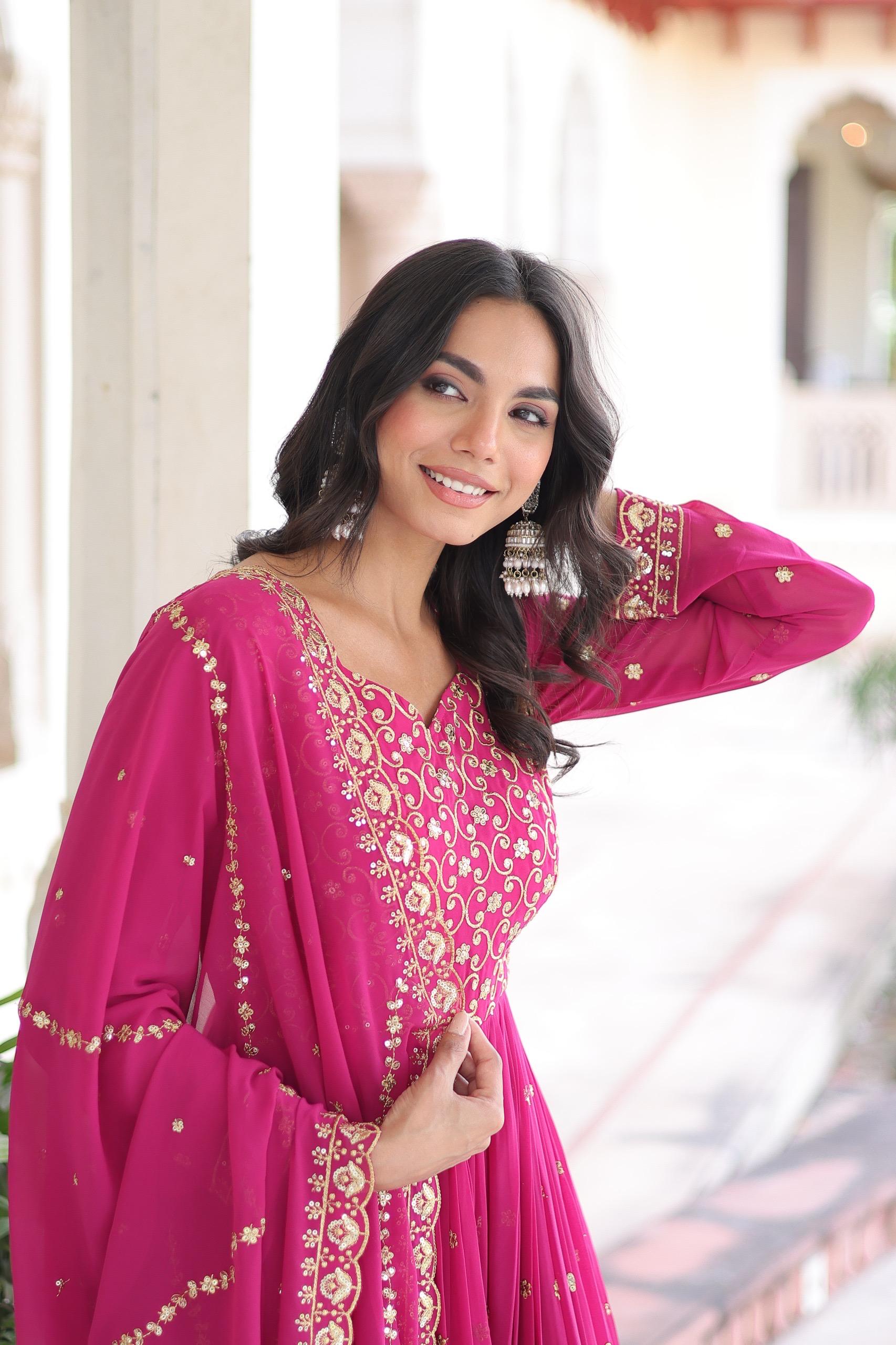 Prazu Fashion Rani Pink Georgette Rich Sequins & Zari Embroidered Gown With Dupatta - Distacart