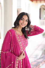 Thumbnail for Prazu Fashion Rani Pink Georgette Rich Sequins & Zari Embroidered Gown With Dupatta - Distacart