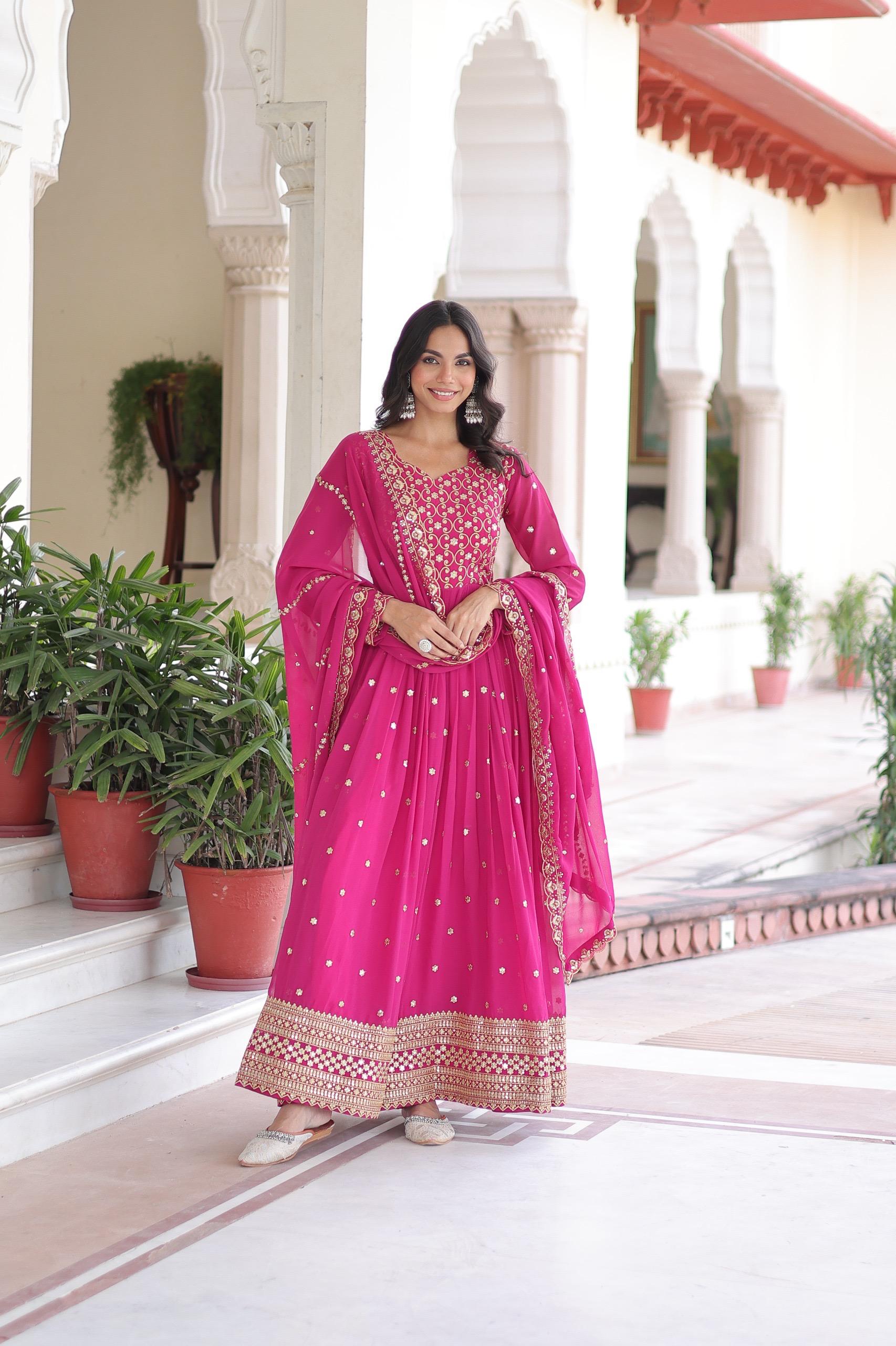 Prazu Fashion Rani Pink Georgette Rich Sequins & Zari Embroidered Gown With Dupatta