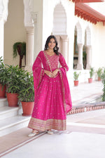 Thumbnail for Prazu Fashion Rani Pink Georgette Rich Sequins & Zari Embroidered Gown With Dupatta - Distacart