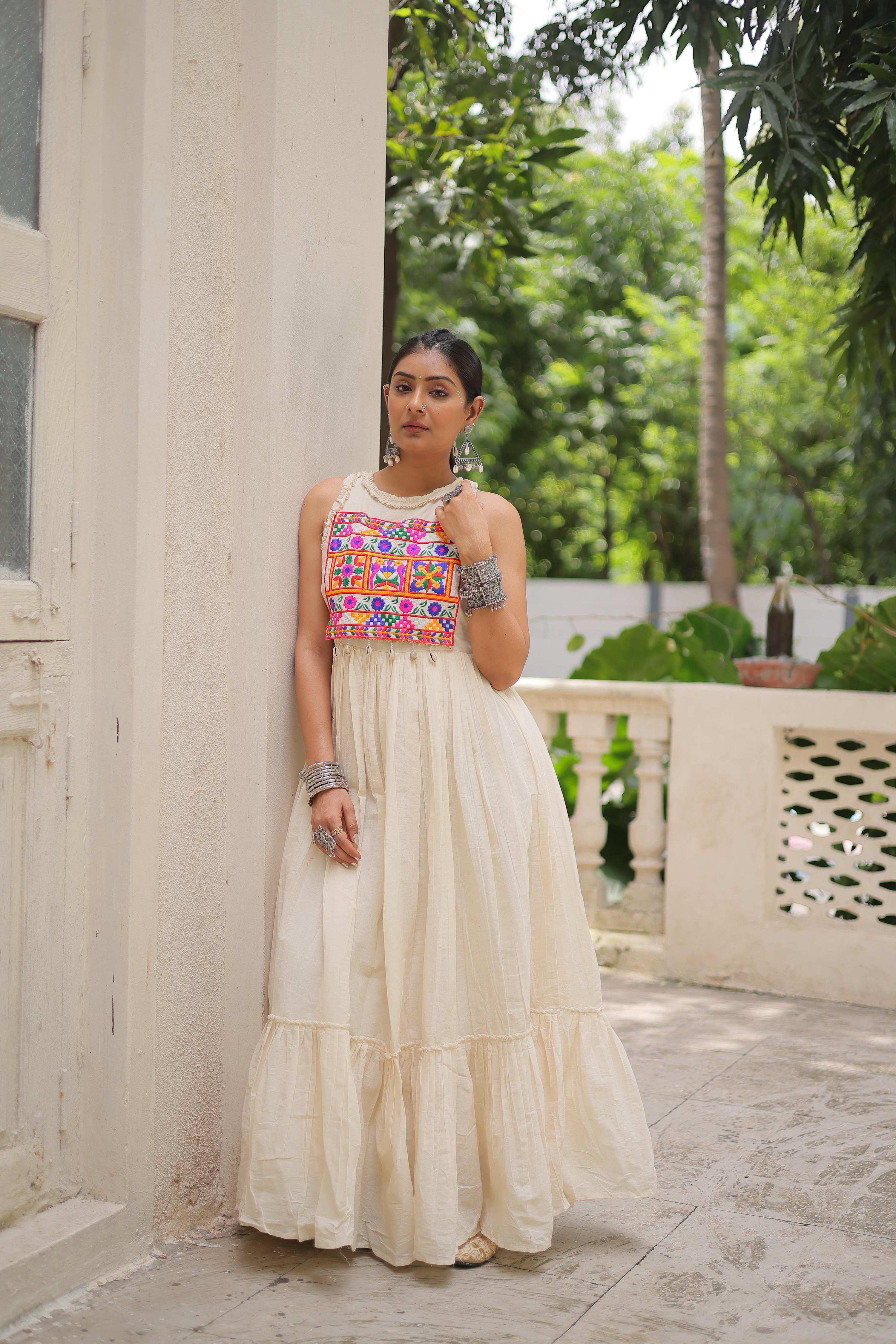 Prazu Fashion Off White Kora Cotton With Multi Thread Embroidered Work Gown