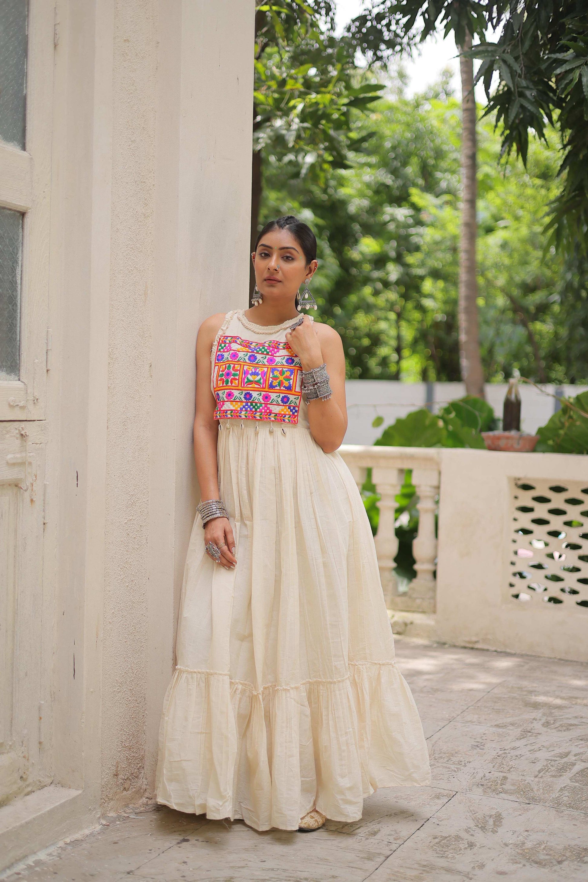 Prazu Fashion Off White Kora Cotton With Multi Thread Embroidered Work Gown - Distacart
