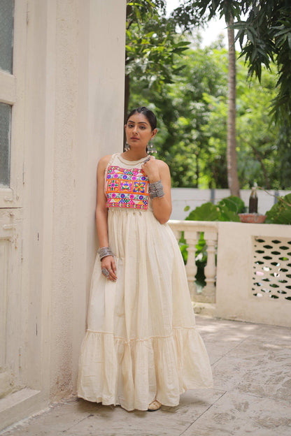 Prazu Fashion Off White Kora Cotton With Multi Thread Embroidered Work Gown - Distacart