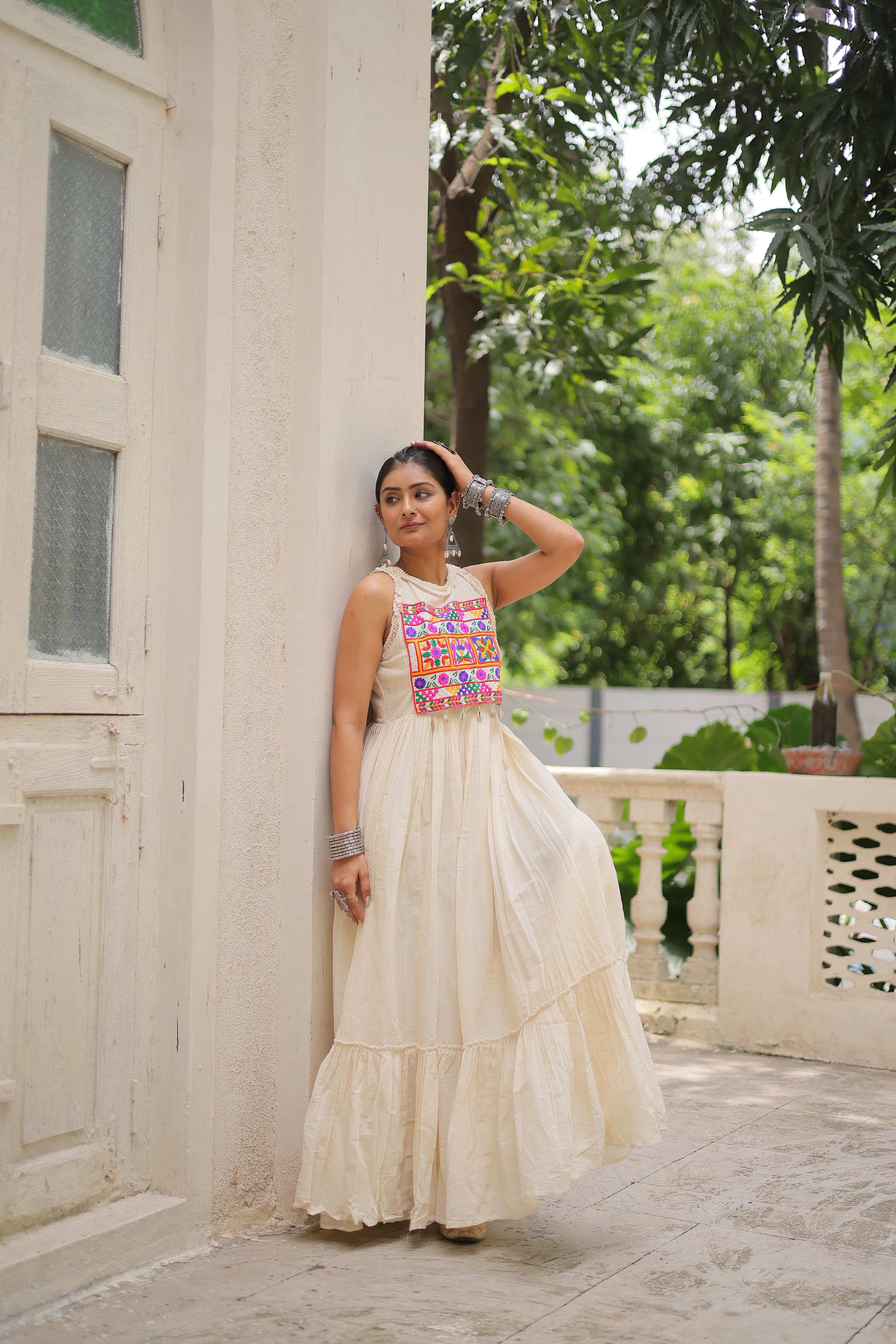 Prazu Fashion Off White Kora Cotton With Multi Thread Embroidered Work Gown