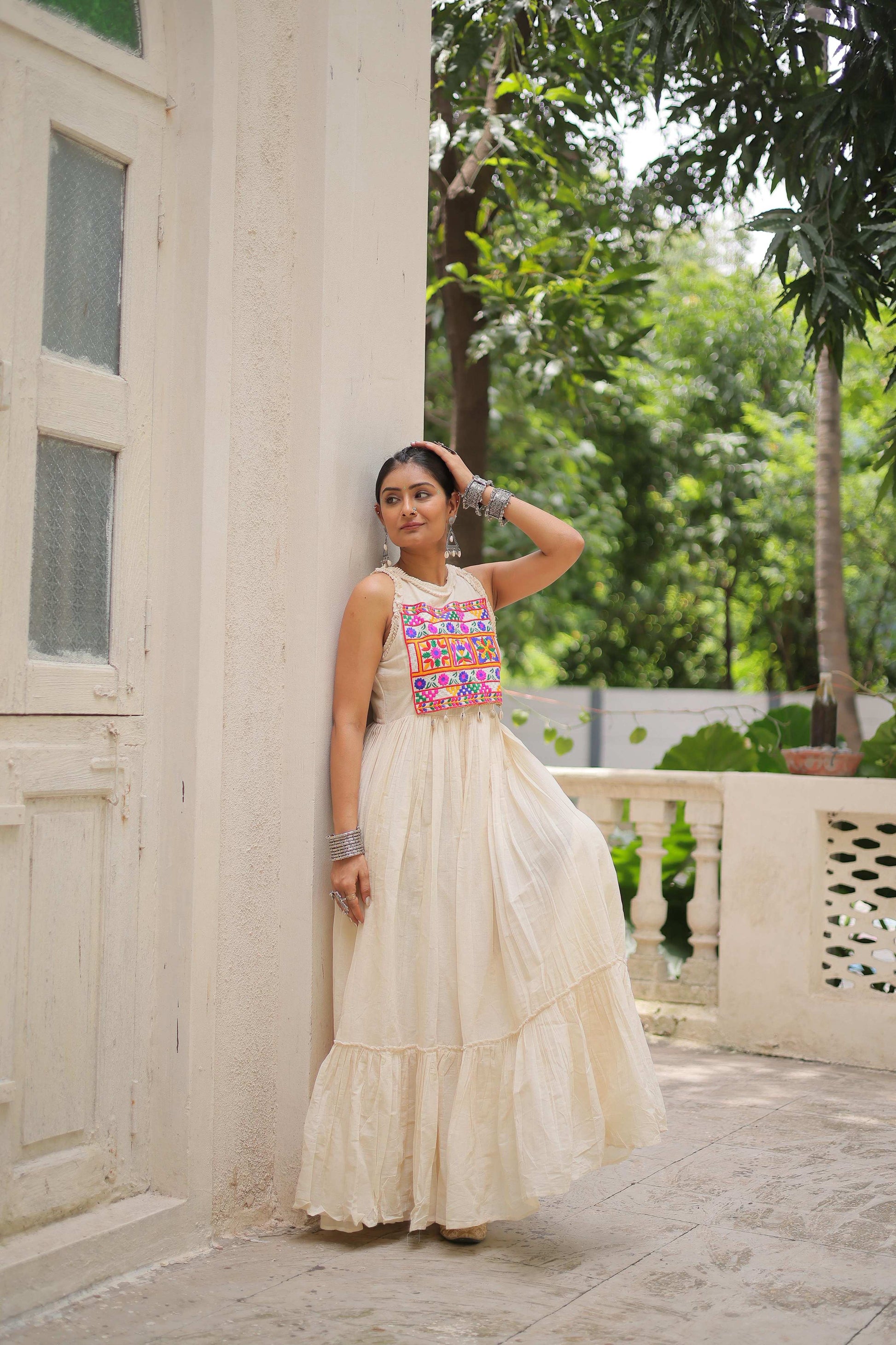 Prazu Fashion Off White Kora Cotton With Multi Thread Embroidered Work Gown - Distacart