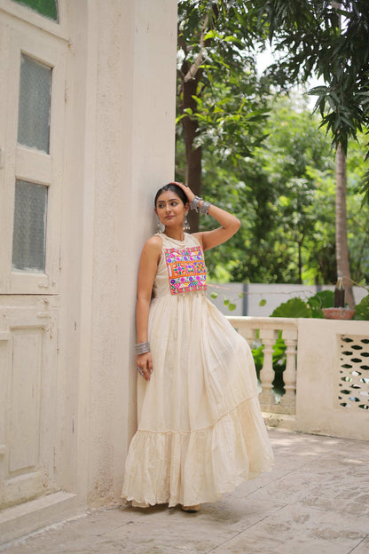 Prazu Fashion Off White Kora Cotton With Multi Thread Embroidered Work Gown - Distacart
