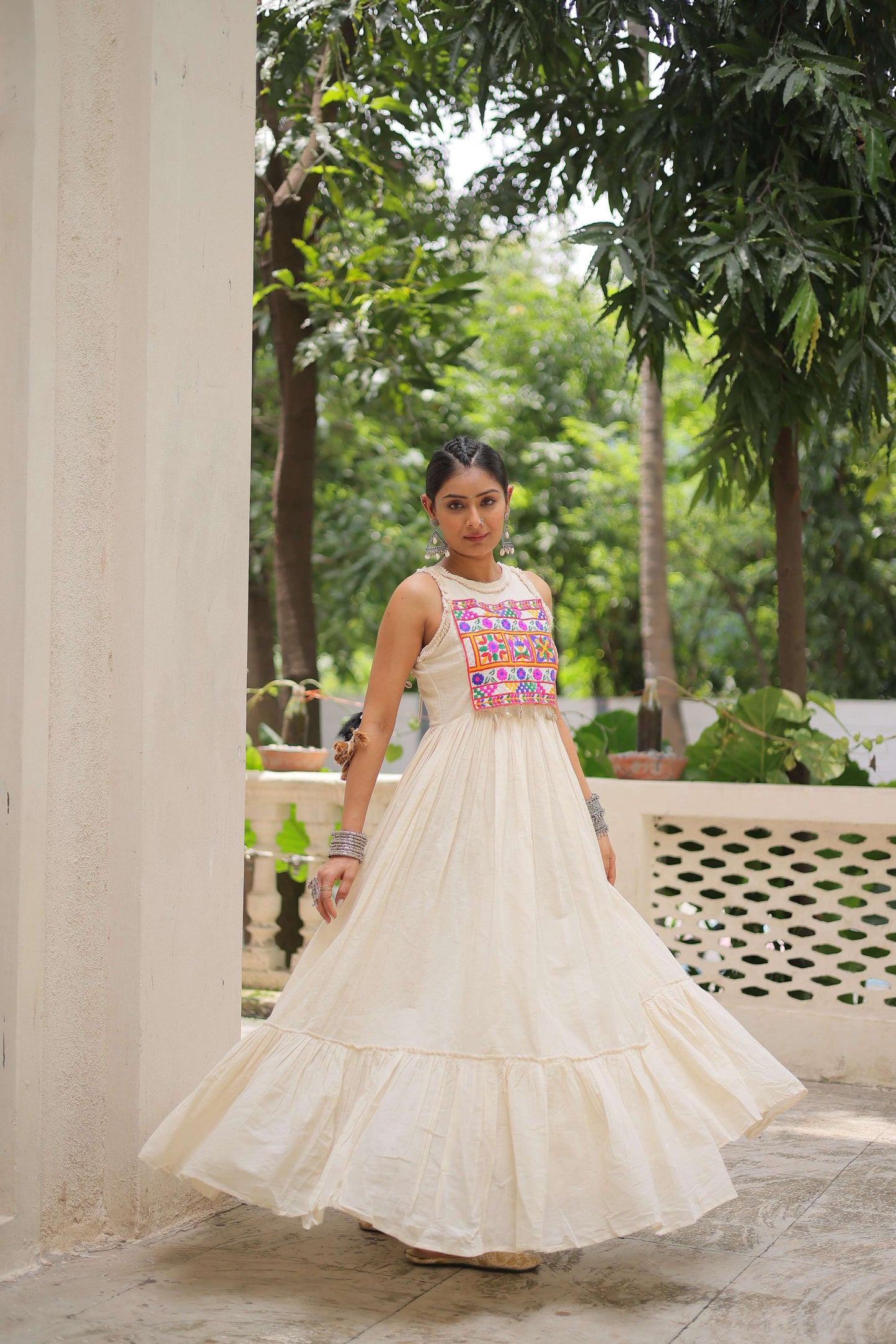 Prazu Fashion Off White Kora Cotton With Multi Thread Embroidered Work Gown - Distacart