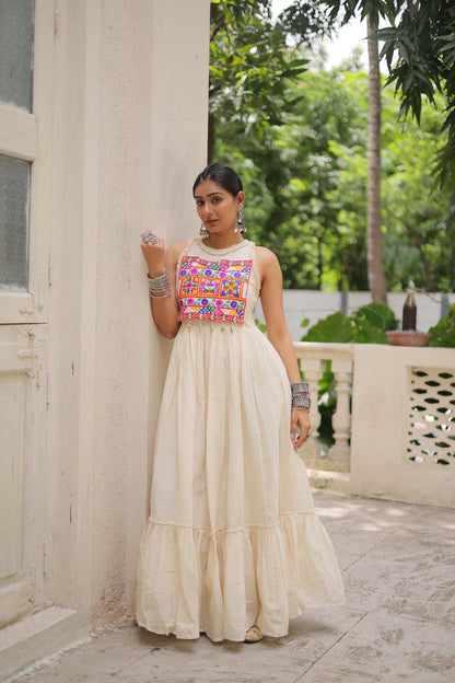 Prazu Fashion Off White Kora Cotton With Multi Thread Embroidered Work Gown - Distacart