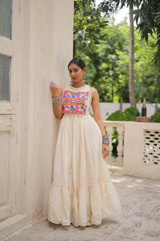 Prazu Fashion Off White Kora Cotton With Multi Thread Embroidered Work Gown