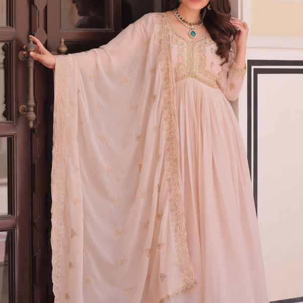 Vedant Vastram Georgette Embroidery & Sequence Work Stitched Ethnic Gown-Chiku