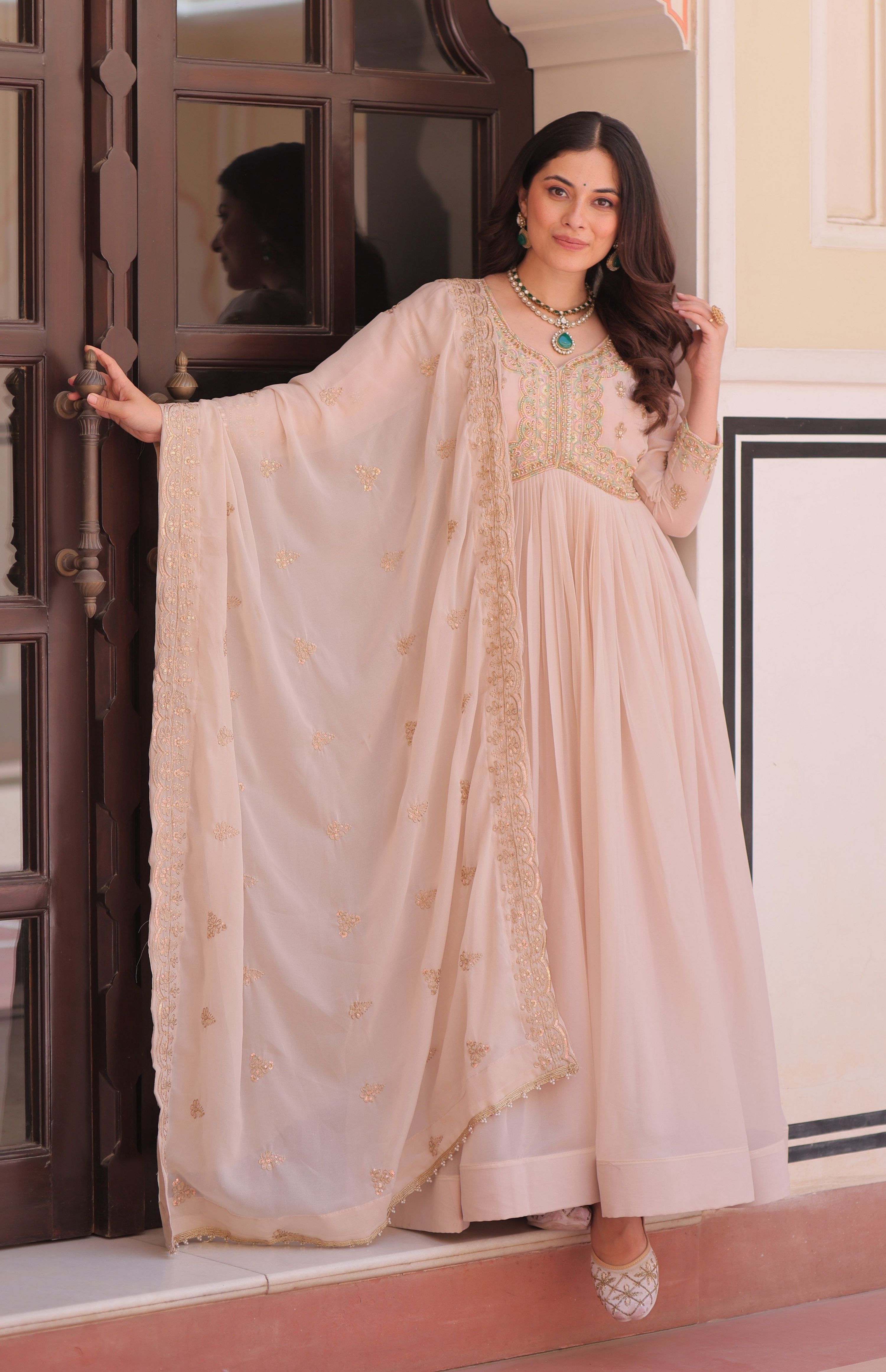 Vedant Vastram Georgette Embroidery & Sequence Work Stitched Ethnic Gown-Chiku