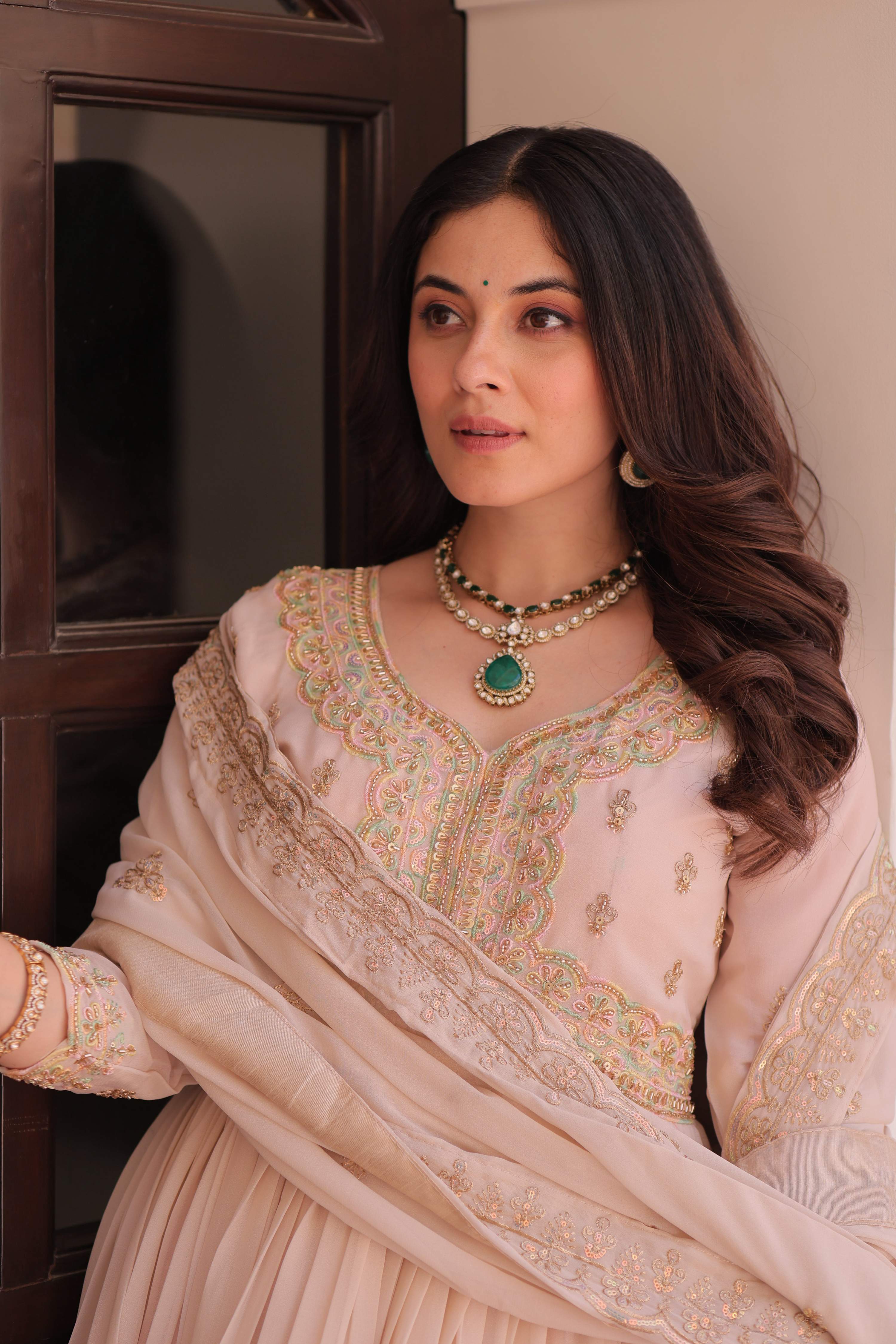 Vedant Vastram Georgette Embroidery & Sequence Work Stitched Ethnic Gown-Chiku