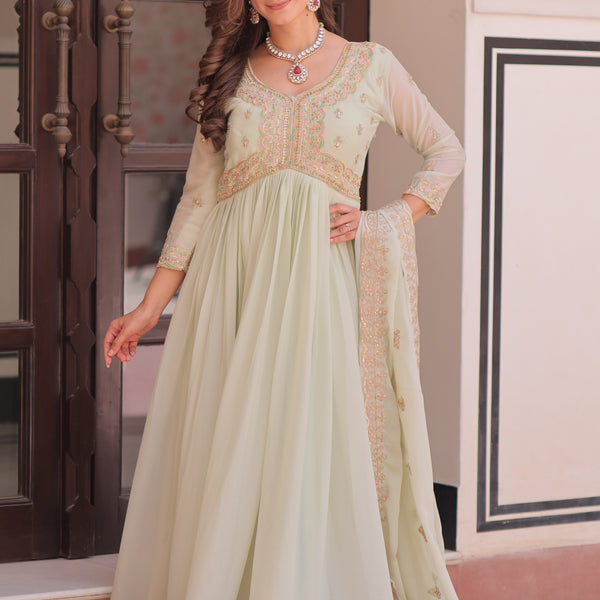 Vedant Vastram Georgette Embroidery & Sequence Work Stitched Ethnic Gown-Pista - Distacart