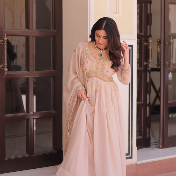 Prazu Fashion Cream Georgette With Beads & Sequins Embroidered Gown With Dupatta - Distacart