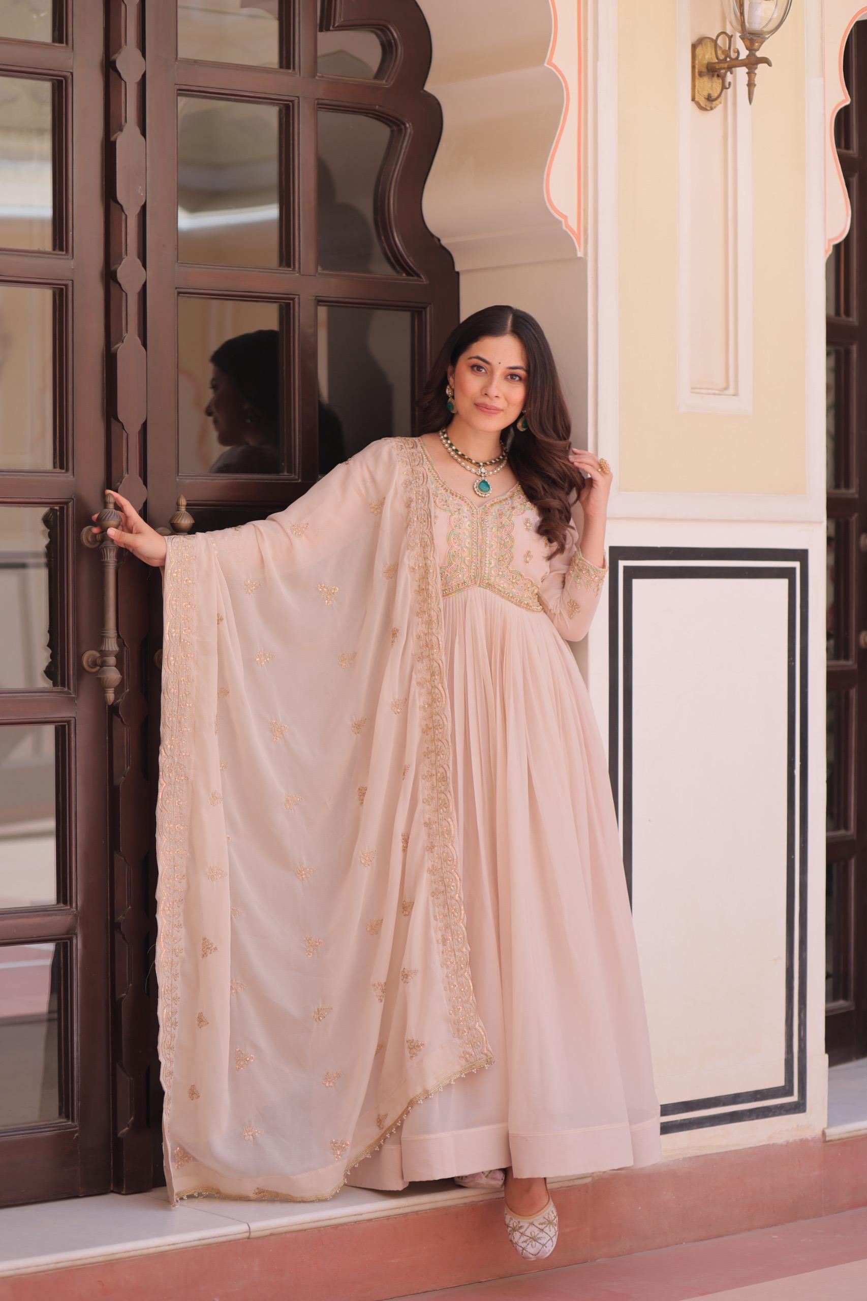 Prazu Fashion Cream Georgette With Beads & Sequins Embroidered Gown With Dupatta - Distacart