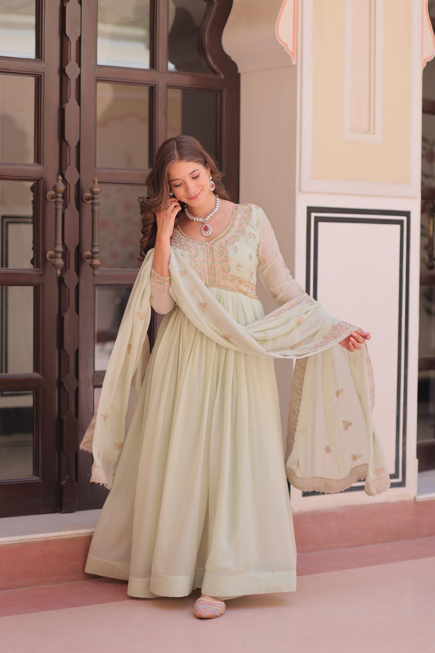 Prazu Fashion Pista Georgette With Beads & Sequins Embroidered Gown With Dupatta